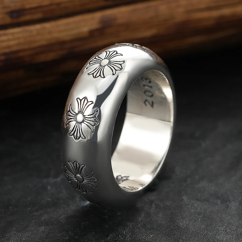 925银戒指 潮牌十字花指环男士食指戒指复古手工做旧个性朋克纯银