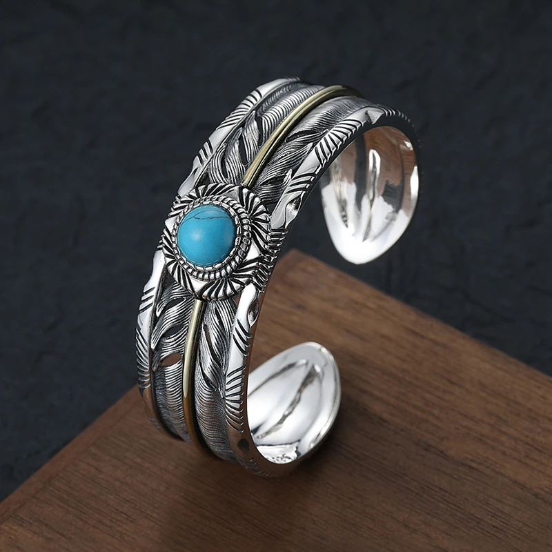 925银手镯 日系复古个性老鹰羽毛手镯潮男印第安风飞鸟开口手环