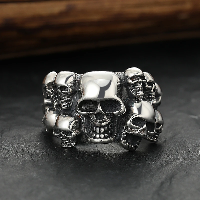 925银戒指 欧美潮人霸气男士手工做旧时尚复古小众个性骷髅头戒指