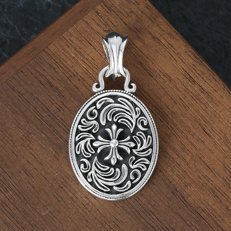 吊坠925银 做旧复古国潮风唐草纹十字架毛衣链项坠男女情侣款吊坠