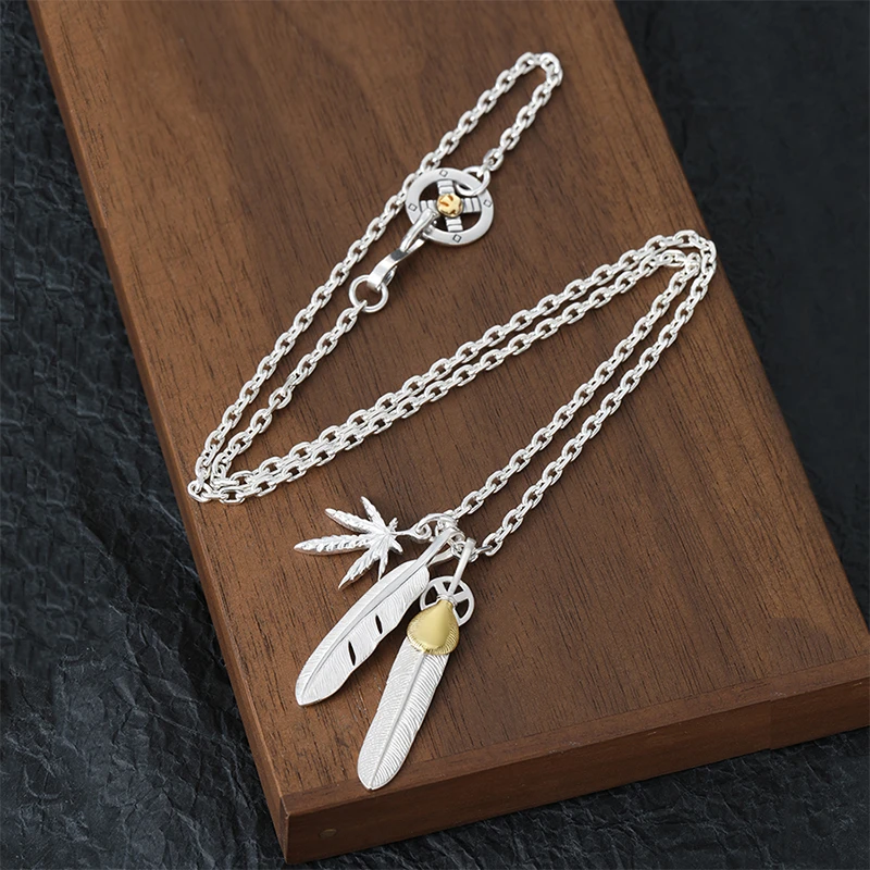 坠链均925银 高桥纯银手工枫叶羽毛吊坠项链女生个性情侣毛衣链坠