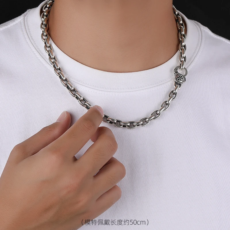 吊坠925银 潮牌痞帅男士樱花扣古巴链粗项链纯银手工做旧复古颈链