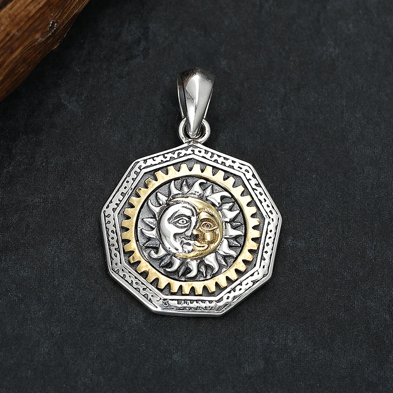 吊坠925银 个性男士配饰复古做旧双面坠链太阳月亮神上帝之眼吊坠