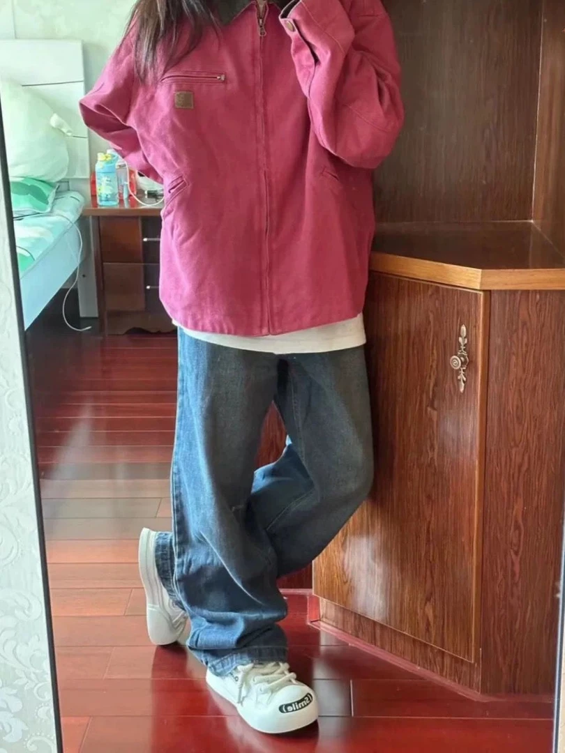 美式工装初秋棒球服粉色外套女早秋季设计感小众宽松翻领夹克春秋