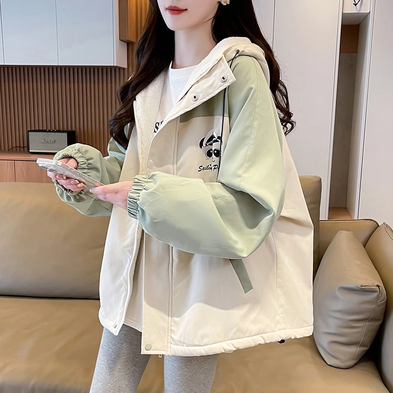 韩系连帽加厚羊羔毛外套女秋冬2024新款连帽初高中学生保暖棉衣服