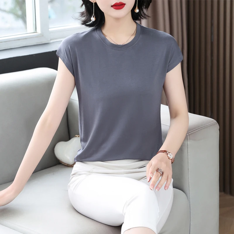 冰丝纯色短袖t恤女大码宽松夏季薄款休闲圆领简约百搭显瘦上衣女