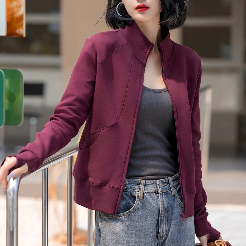 春季高级感灰色长袖拉链卫衣外套女新款时尚气质鱼骨拼接修身上衣