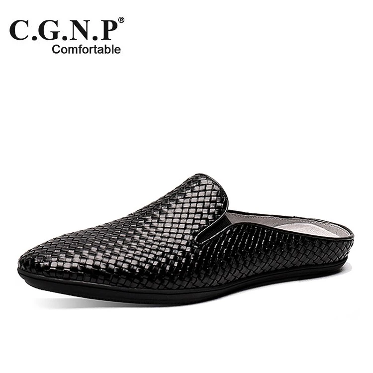 夏季包头拖鞋男休闲真皮半拖编织无后跟懒人鞋韩版软底皮拖鞋外穿