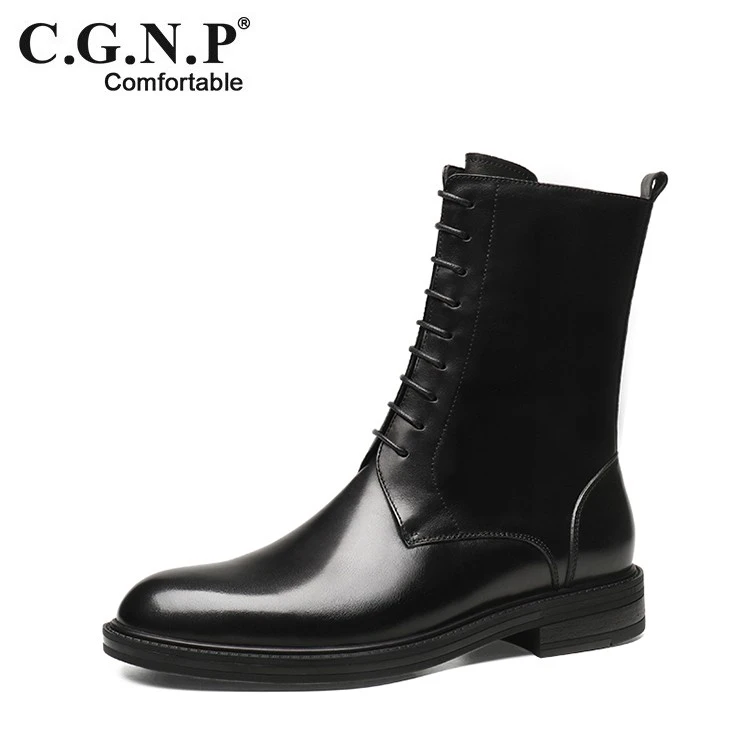 整张牛皮高筒靴男牛仔马术中筒长靴骑士机车靴马丁靴工装皮靴冬季