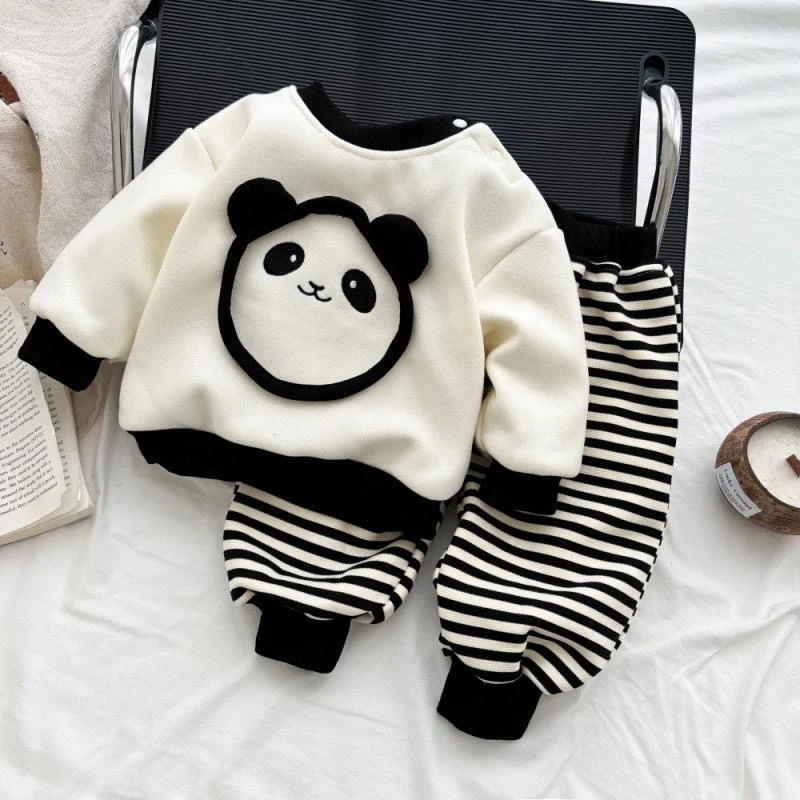 男女宝宝加绒分体套装2025秋冬婴幼儿卡通时尚条纹两件套外出服潮