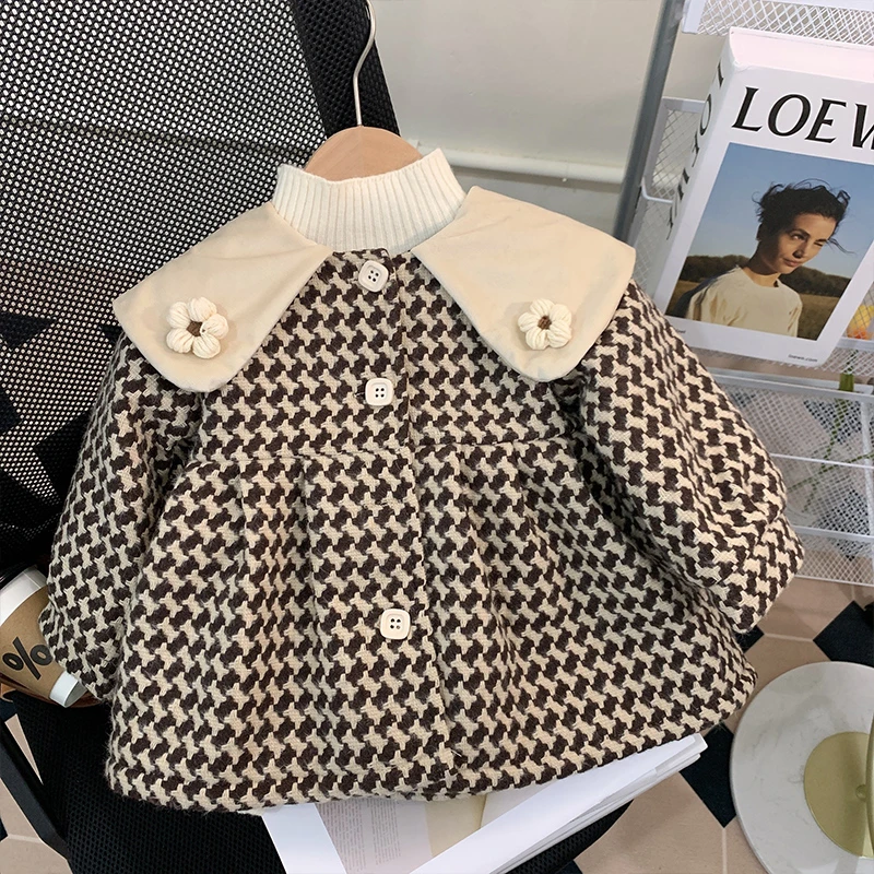 女童千鸟格外套秋冬洋气2025冬装新款儿童宝宝韩版加绒厚毛呢上衣