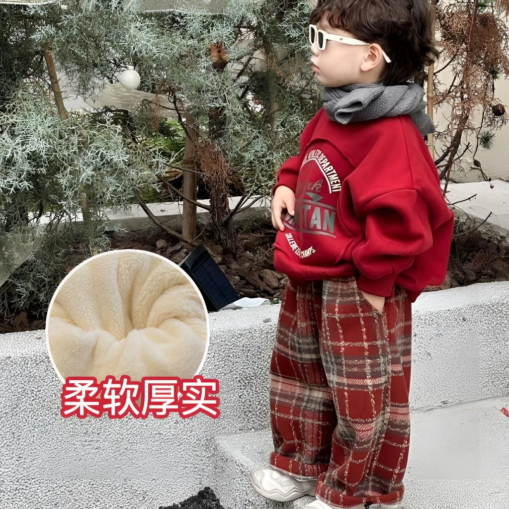 男童女孩中小童2023冬季新款圣诞加绒卫衣复古格子裤套装洋气时尚