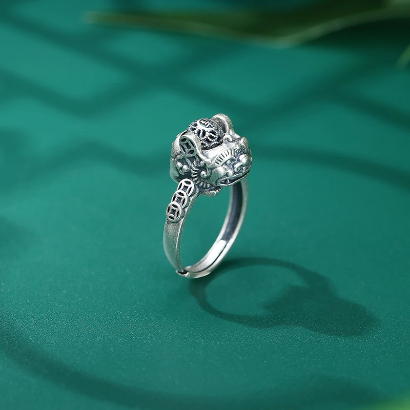 925银戒指 复古貔貅转珠活口戒 0031076
