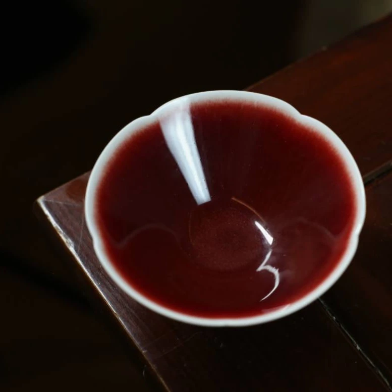 景德镇全手工高温颜色釉郎红花口斗笠盏杯主人杯