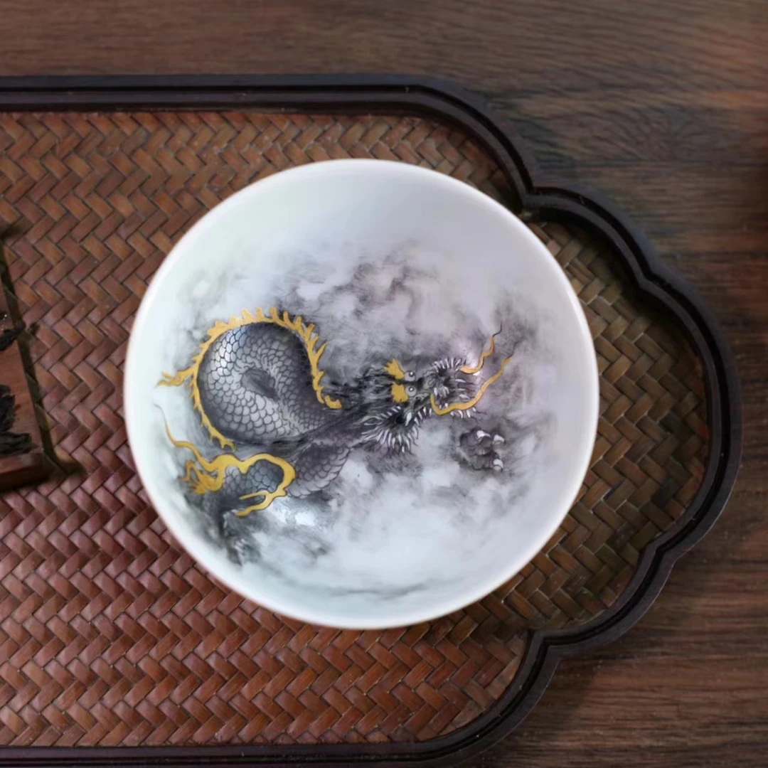 景德镇全手工手绘高温龙腾四海普洱杯单杯高端精美柴窑陶瓷茶具