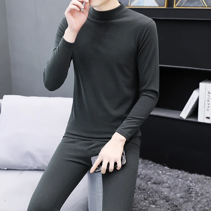 秋冬季男士半高领保暖内衣套装德绒双面磨毛中领发热纯色秋衣秋裤