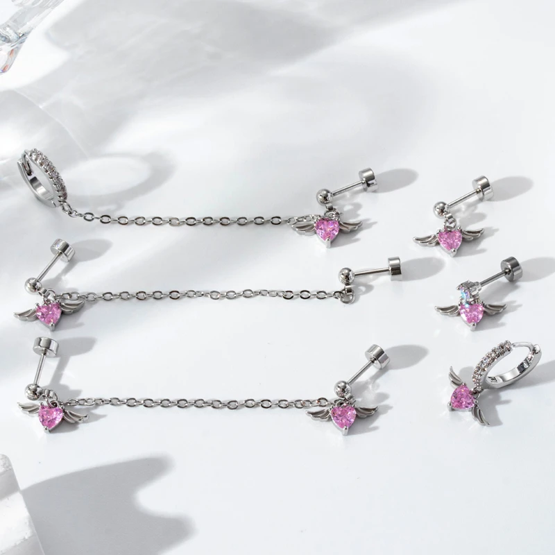 钛钢合成锆石耳饰 【A-10】天使翅膀系列粉嫩少女风双耳洞耳环耳钉