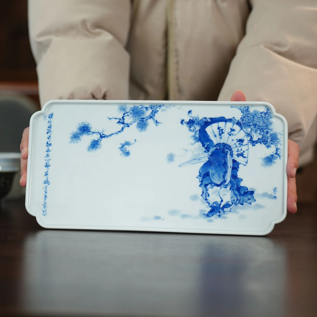 寒山器丨青花钟馗小茶盘  长31.5cm 宽16cm陶瓷手工