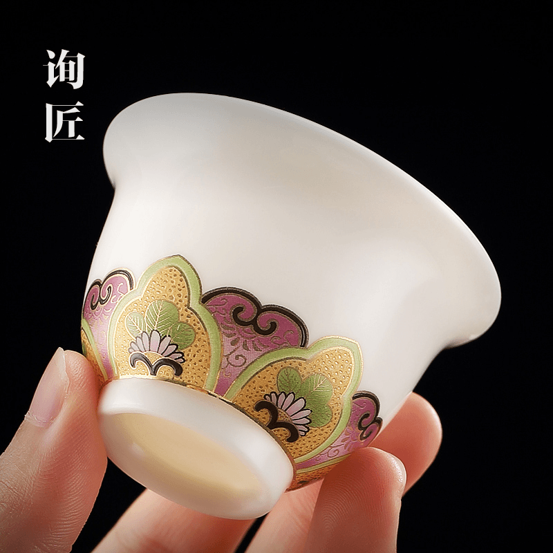 珐琅彩茶杯羊脂玉白瓷品茗杯陶瓷功夫单杯单只泡茶小茶杯主人杯子