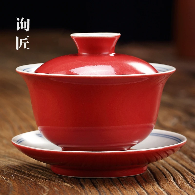 景德镇珊瑚红三才盖碗茶具茶杯功夫泡茶碗单个带盖家用陶瓷不烫手
