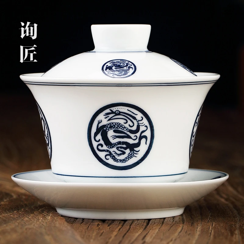 复古青花白瓷泡茶盖碗茶具景德镇三才单个大号不烫手带盖茶碗茶杯