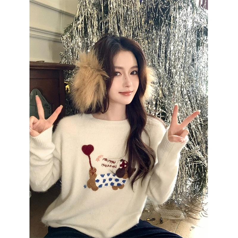梅子熟了圆领羊绒羊毛浣熊绒小狗提花毛衣女柔软不扎肤针织上衣