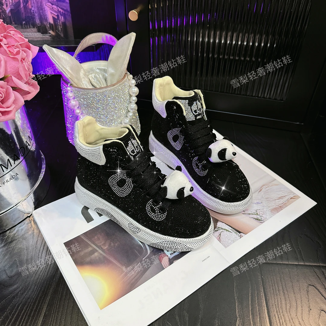 雪梨潮钻鞋【断码福利】Y头.黑白熊猫轻奢百搭高帮平底潮流镶钻亮钻