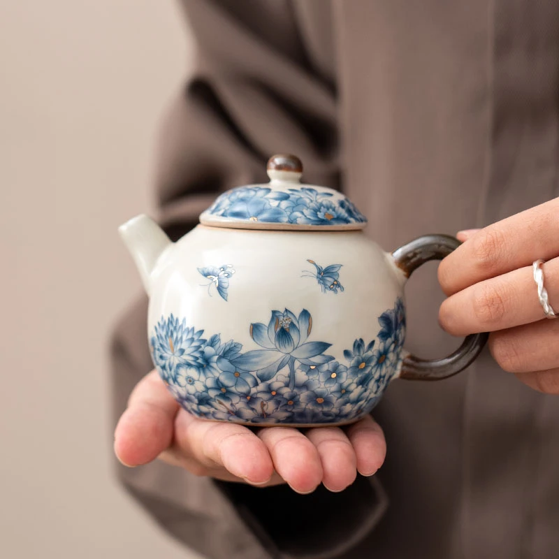德化陶瓷白瓷茶具汝窑茶壶开片可养线蝶恋花描金泡茶壶万花青瓷壶
