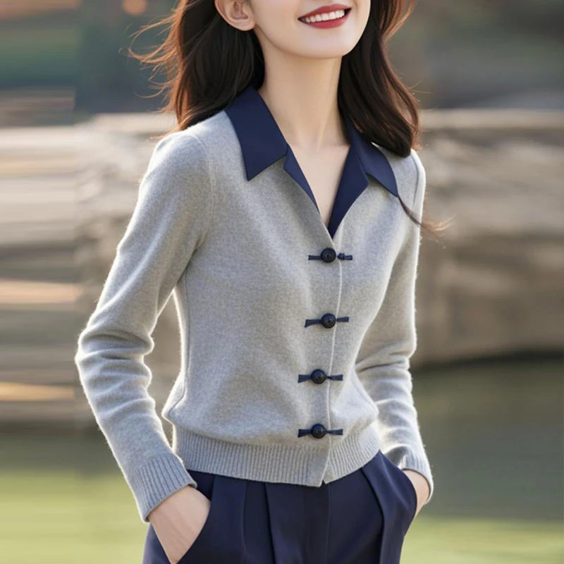 YY#新中式Polo领针织衫上衣秋冬新款女小个子短款显瘦毛衣DY11171