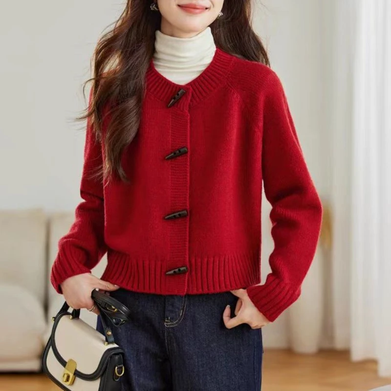 YY#牛角扣毛衣外套女冬季新款外穿圆领小个子针织开衫DY11567