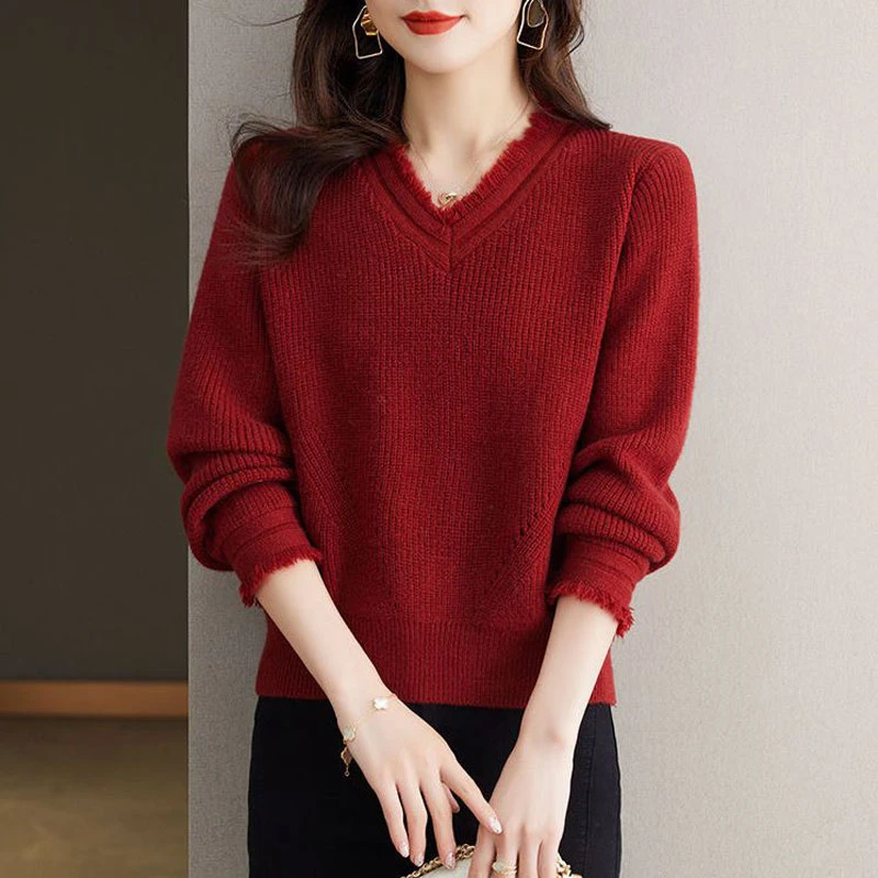 YY#V领流苏毛针织衫女新款秋冬新款时尚套头毛衣DY10555