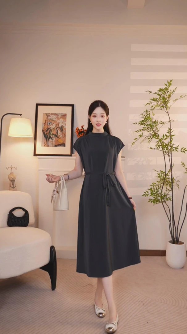 裙子显瘦气质轻奢时尚设计师简约法式收腰优雅拼接女装连衣裙089
