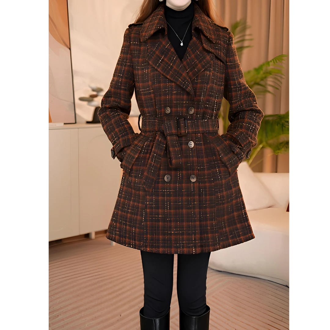 气质时尚毛呢羊毛中长款格子秋冬双排扣格纹外套567