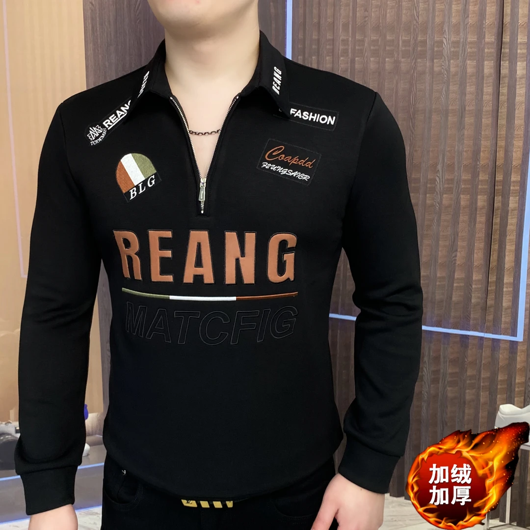 男士长袖刺绣潮牌秋冬半拉立领卫衣加绒休闲修身保暖百搭CLY-9