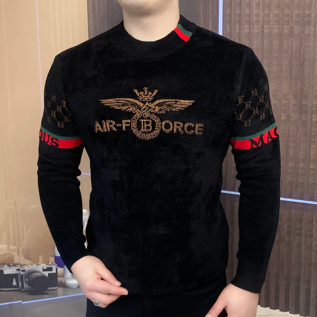 男士时尚休闲长袖圆领针织衫秋冬季针织天鹅绒潮流保暖CLY-21