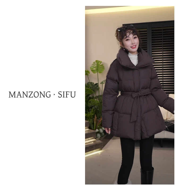 杭州曼曼001「格调」冬季收腰系带气质白鹅绒外套8029