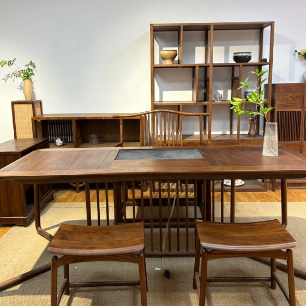 北美黑胡桃木组合茶桌➕大官帽➕马鞍凳2➕茶水柜