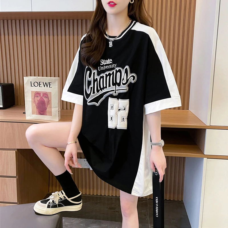 美式潮牌撞色拼接女t恤短袖夏季新款韩版小众印花宽松显瘦上衣潮