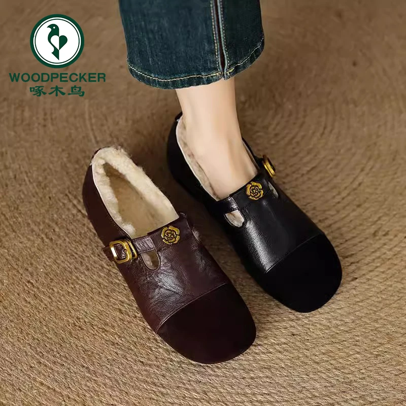 啄木鸟原创设计保暖玛丽珍棉鞋2024冬季小皮鞋加绒毛毛鞋皮毛一体