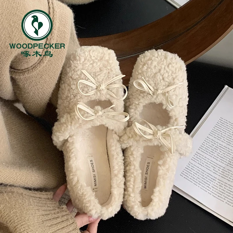啄木鸟法式粗跟加绒玛丽珍毛毛鞋女2024冬外穿内增高防寒棉单鞋子