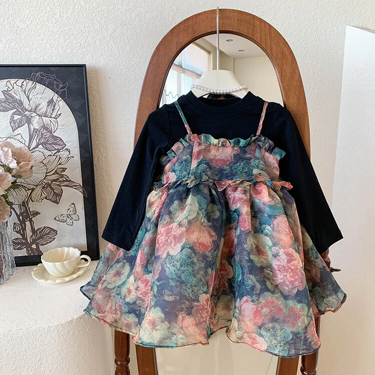 【莫奈花园】女童绝美碎花吊带裙套装春秋款儿童女宝超好看连衣裙