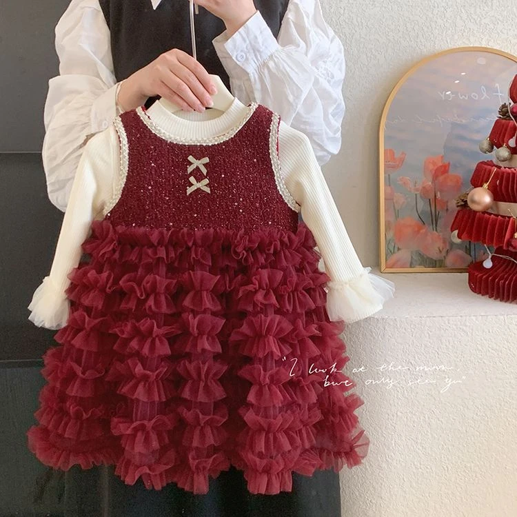 女童连衣裙秋冬重工tutu蛋糕裙圣诞礼服裙百搭无袖背心裙两件套