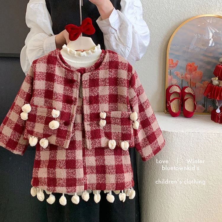 女童2024冬季新款圣诞新年生日小香风外套背心裙加绒两件套潮