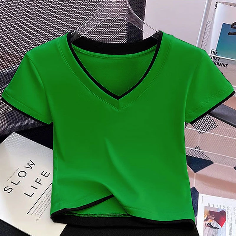 假两件正肩短袖T恤女夏季百搭修身显瘦设计感撞色V领上衣