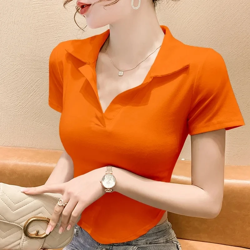 潮牌短袖t恤女修身显瘦Polo衫法式高腰薄款复古上衣黄色体恤衫女