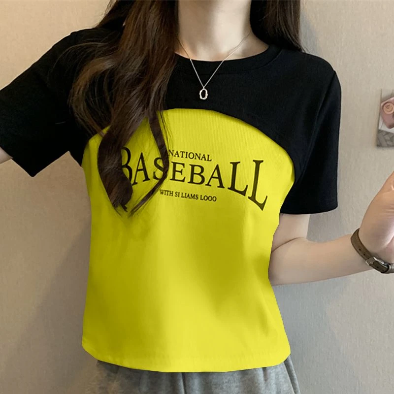 印花撞色拼接假两件短袖t恤女夏2025新款设计感正肩显瘦字母上衣
