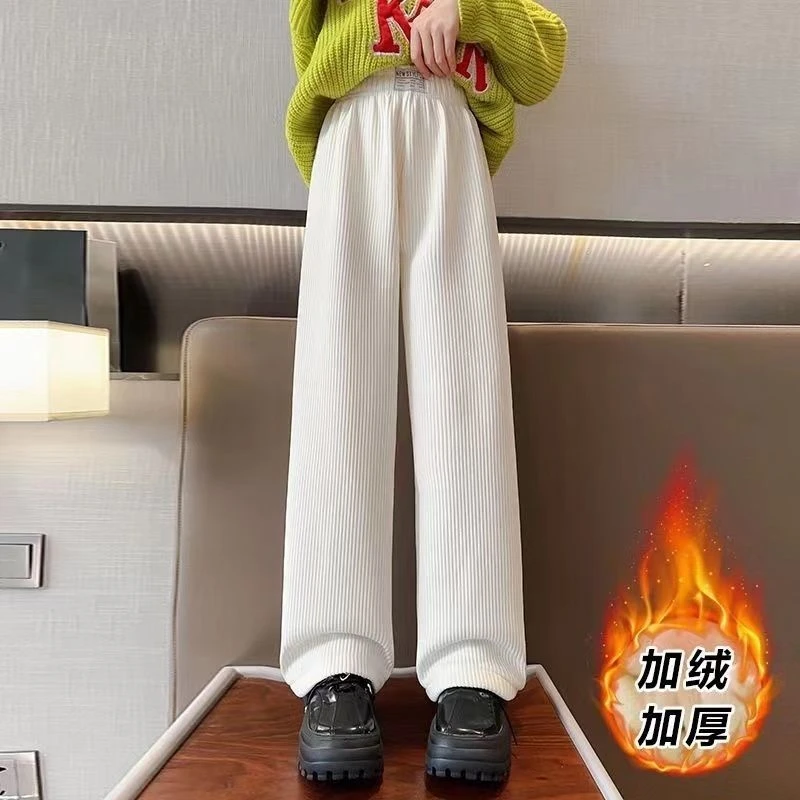 女童裤子秋冬款加绒直筒裤中大童冬季灯芯绒阔腿裤儿童运动休闲裤