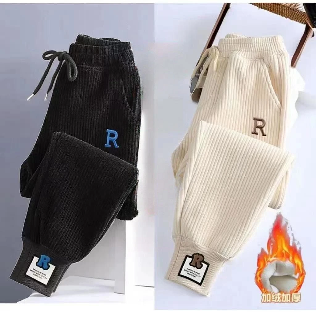 灯芯绒裤子女秋冬新款加绒加厚韩版绣花束脚裤宽松显瘦运动休闲裤