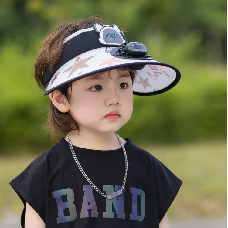 儿童风扇帽子防晒帽夏季男女童大帽檐户外遮阳帽男孩空顶太阳帽潮