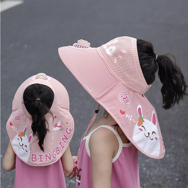 儿童防晒帽大帽檐女童空顶可爱披肩带风扇帽子夏季男孩宝宝遮阳帽